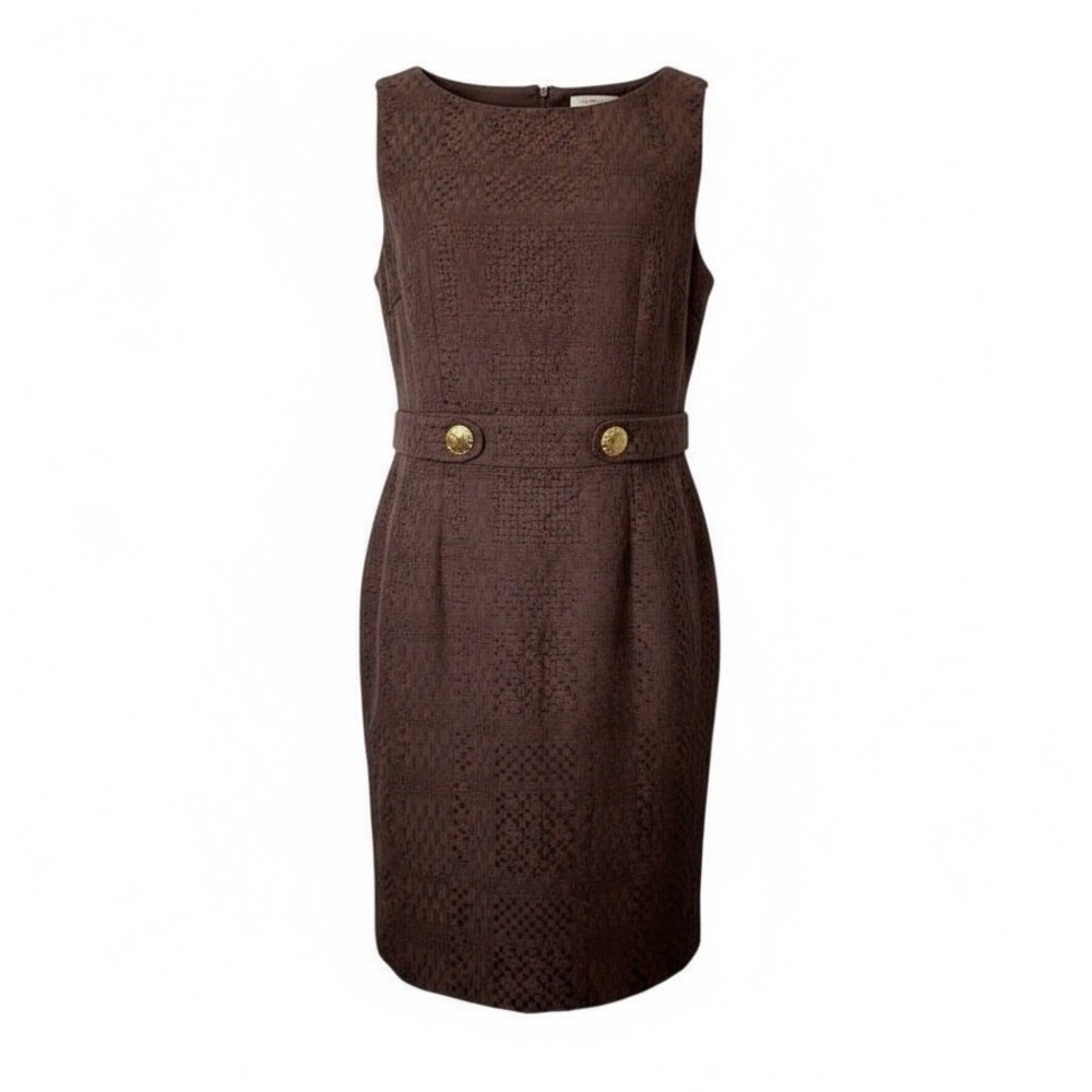 Milly Bark Brown Textured Sheath Dress Womens 8‎ Gold Button Open Back Mod NWT